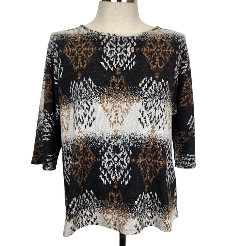 Pure Essence‎ Urbanology Sweater Womens Medium Knit Top Black Brown White Nordic